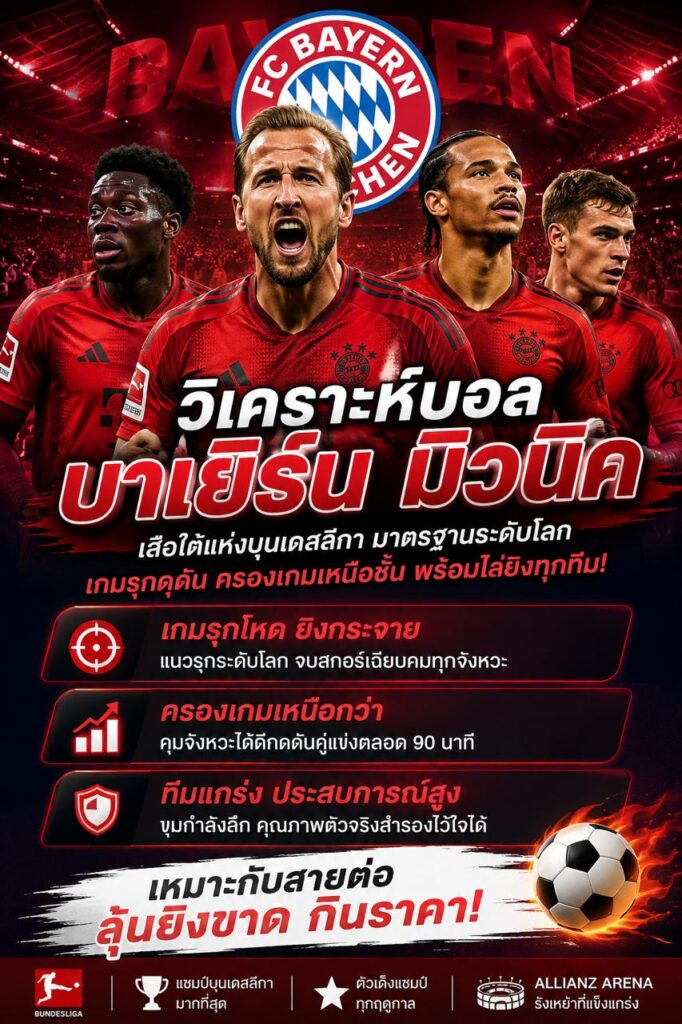 วิเคราะห์บอลบาเยิร์น มิวนิค พร้อมภาพนักเตะ FC Bayern Munich โทนสีแดงเข้ม สไตล์เกมรุกดุดันแห่งบุนเดสลีกา