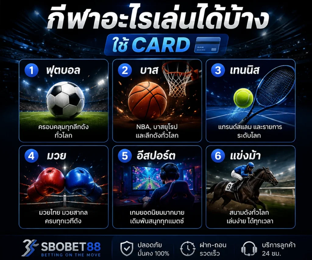 กีฬาที่เดิมพันได้บน SBOBET ได้แก่ ฟุตบอล บาสเกตบอล เทนนิส มวย อีสปอร์ต และแข่งม้า